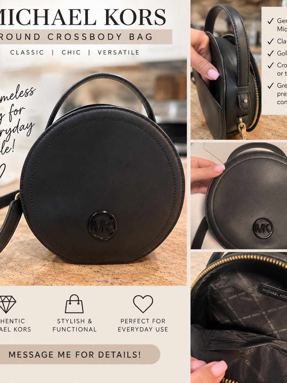 Michael Kors Black Round Crossbody Bag with Gold Zipper Accents